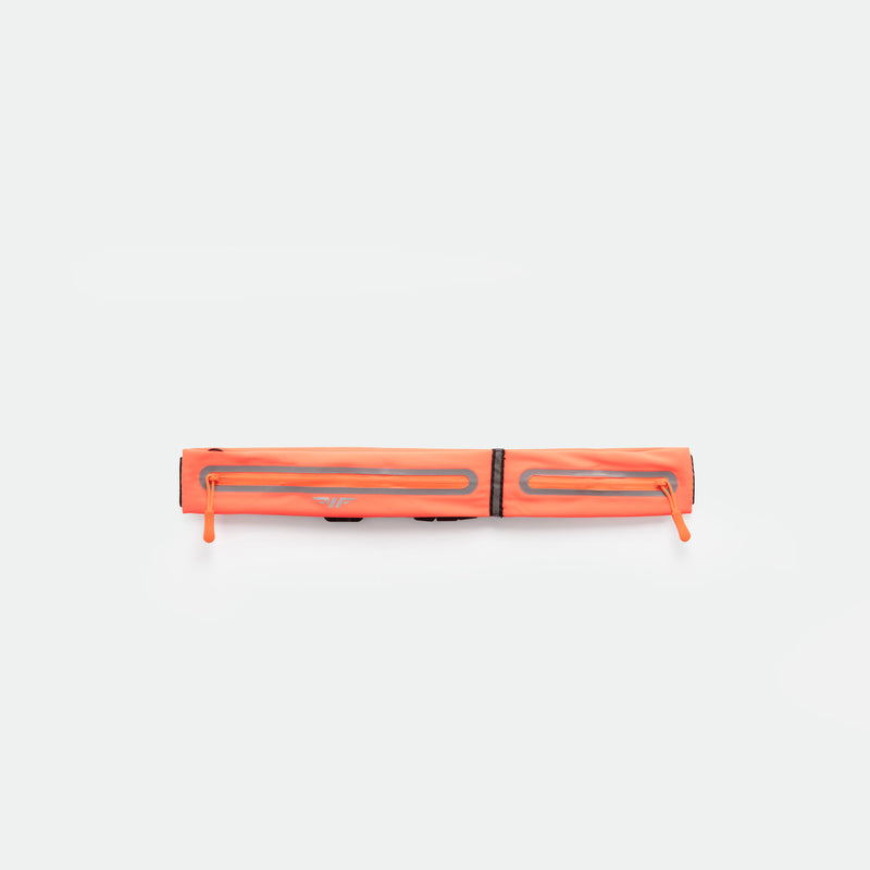 A SUNSET-ORANGE, rectangular zippered pouch with two parallel reflective strips and zipper pulls, displayed against a plain white background