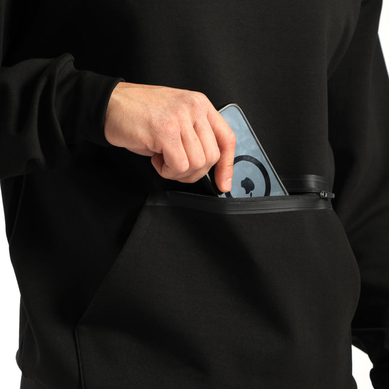 a fit man wearing sweatshirt black