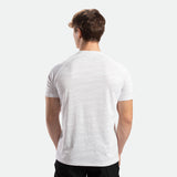 a back view for fit man wearing camo  t-shirt white with pants black 