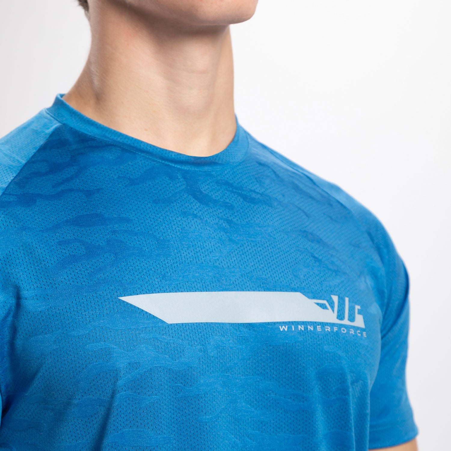 close up view for t-shirt camo azure blue with logo 