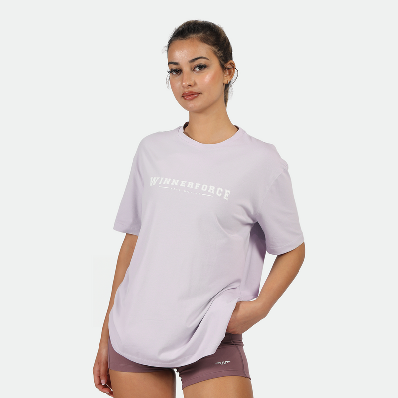 a  fit woman wearing t-shirt lavender blue with logo ,and she wearing short purple with logo 