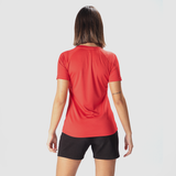 a back view for fit woman wearing  t-shirt red  with short black 
