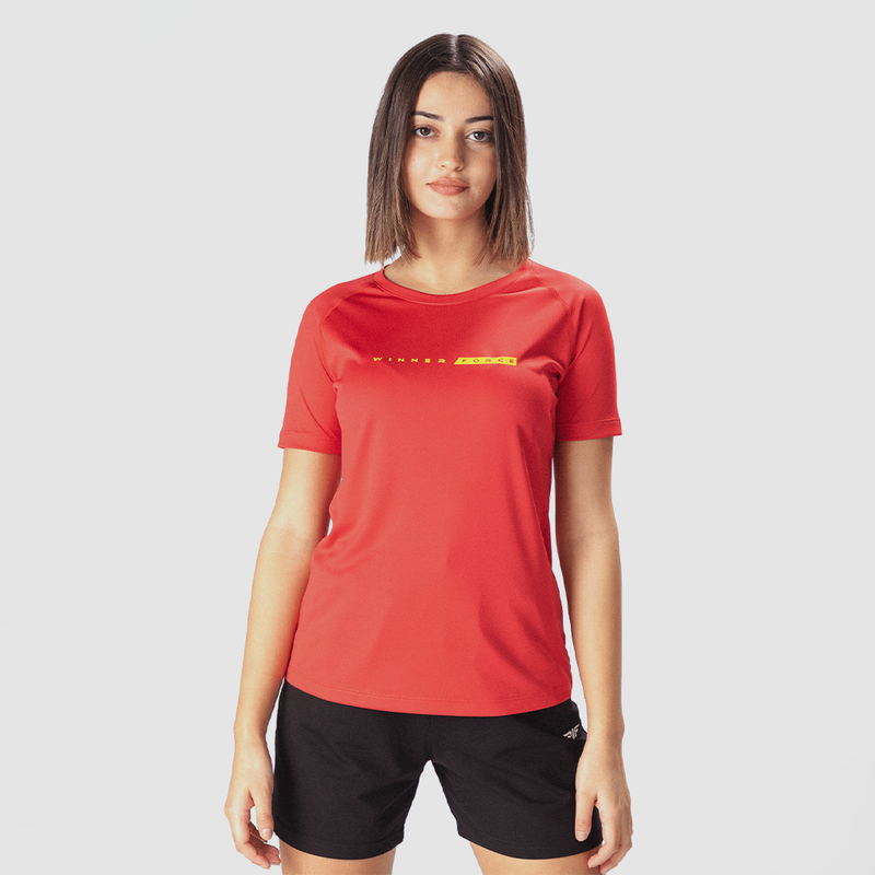 a fit woman wearing t-shirt red with short black 