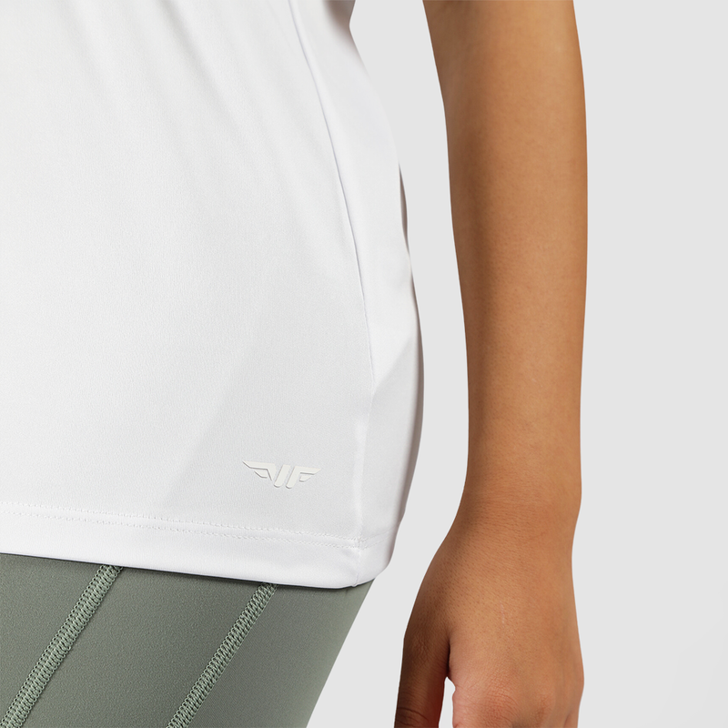 close up view for fit woman wearing t-shirt white with logo 