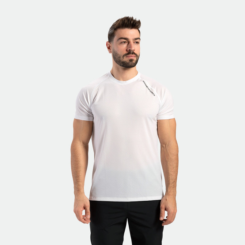 a fit man wearing t-shirt white logo with pants black 