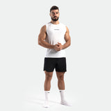 a fit man wearing tank white with short black plus the socks white