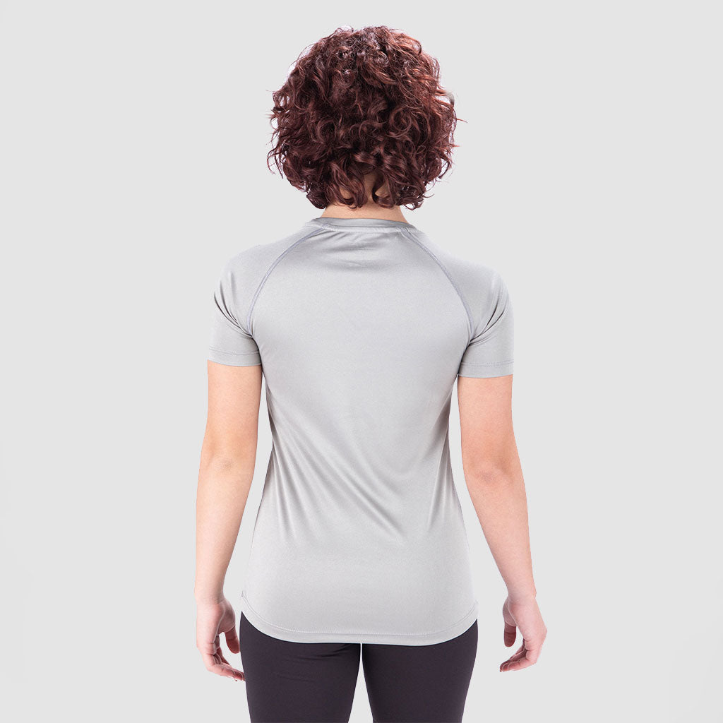 a back view for fit woman wearing  t-shirt grey with short black 