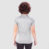 a back view for fit woman wearing  t-shirt grey with short black 