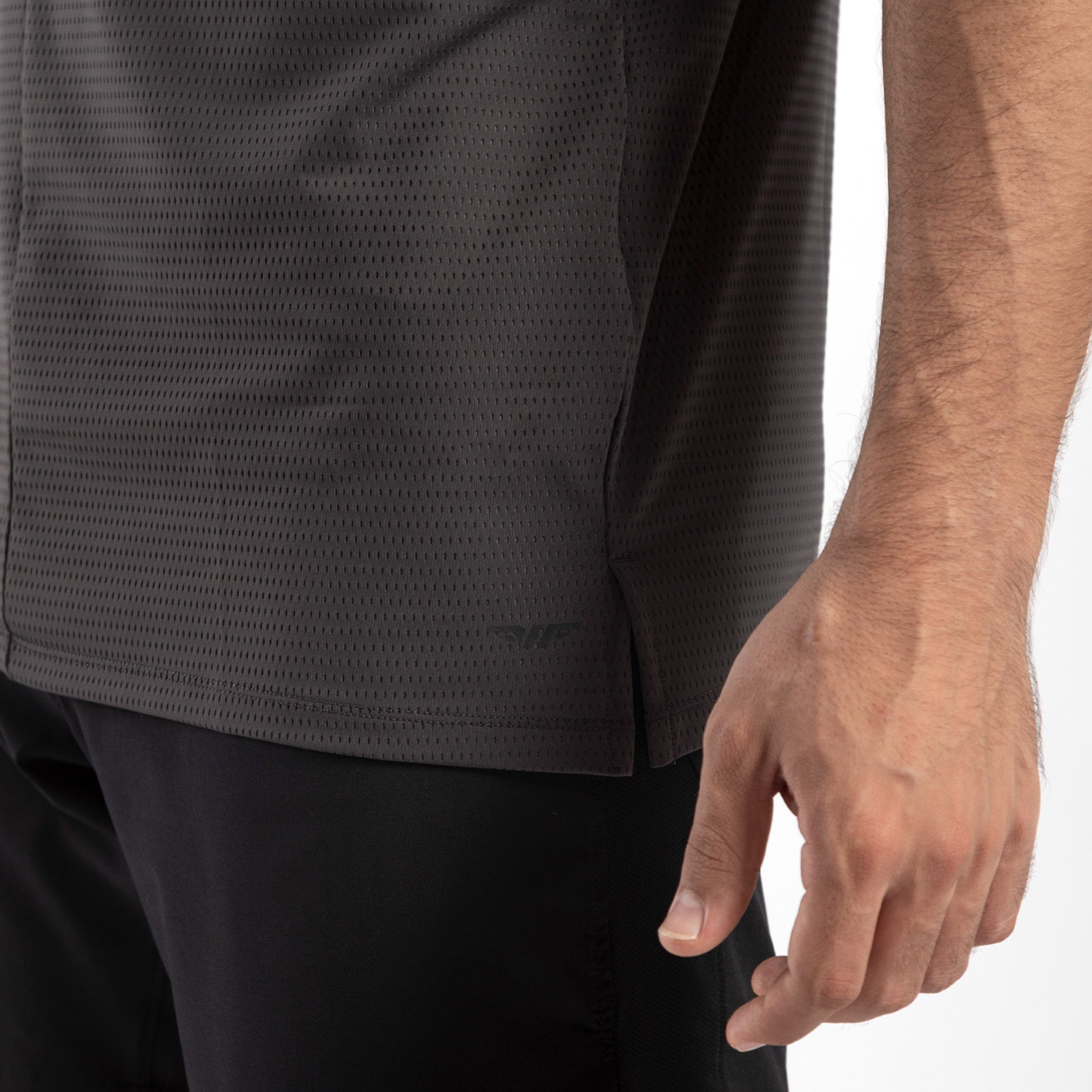 close up view for t-shirt dark grey with pants black 
