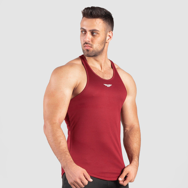 a fit man wearing dark red with logo in half and pants black 