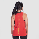 a back view for fit woman  wearing tank red with logo and short black  