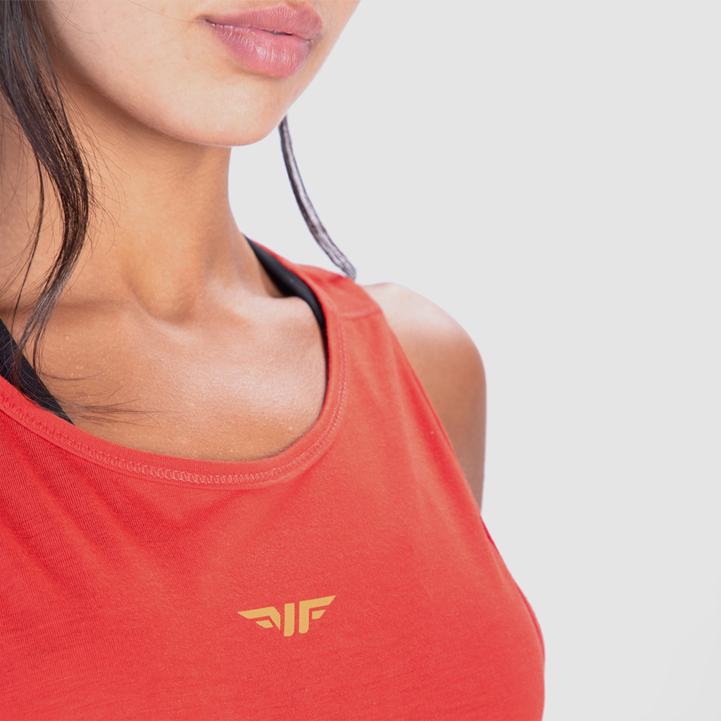 close up view for tank red  with logo yellow 