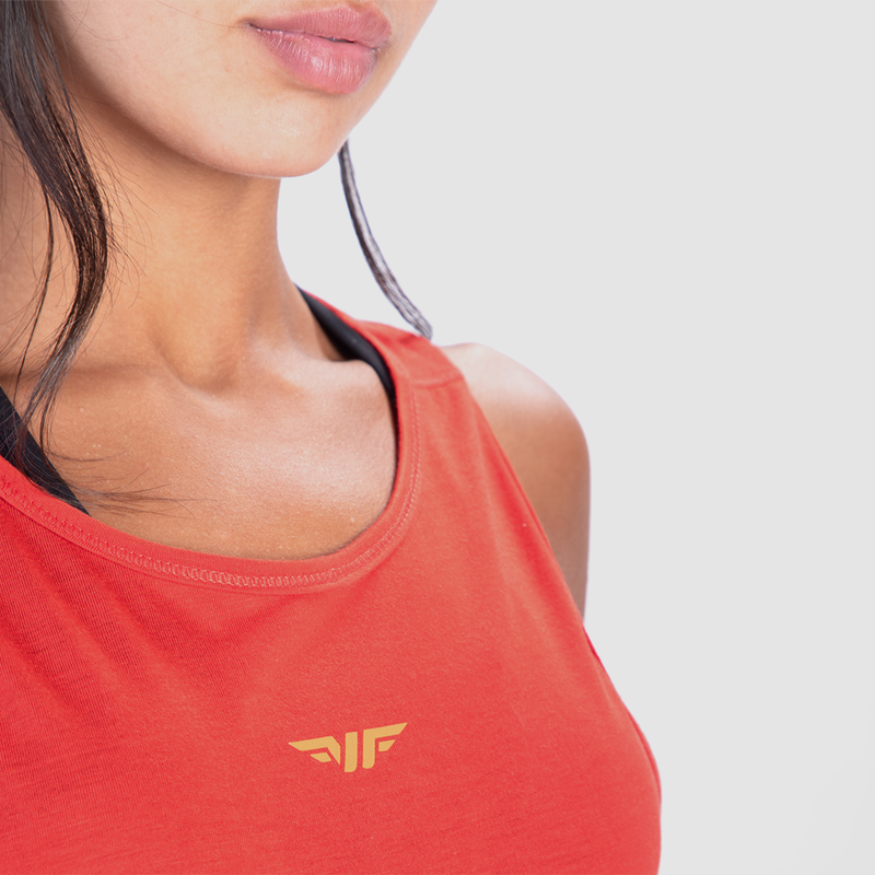 close up view for tank red  with logo yellow 