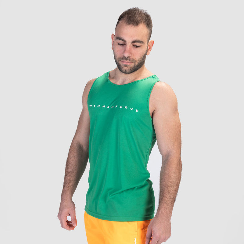 a fit man wearing tank spring green with short yellow 