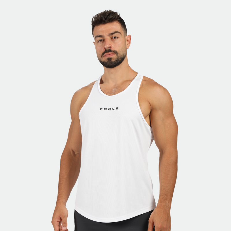 a fit man wearing tank white with logo in half and  short  2 in 1 black 