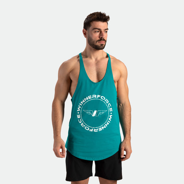 a fit man wearing tank tile blue with short black 
