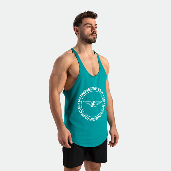 a fit man wearing tank tile blue with short black 