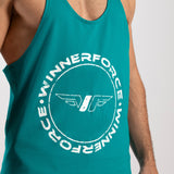 A close-up of a person wearing a teal tank top with a white, circular "Winnerforce" logo and stylized wings in the center, exuding a sporty vibe.
