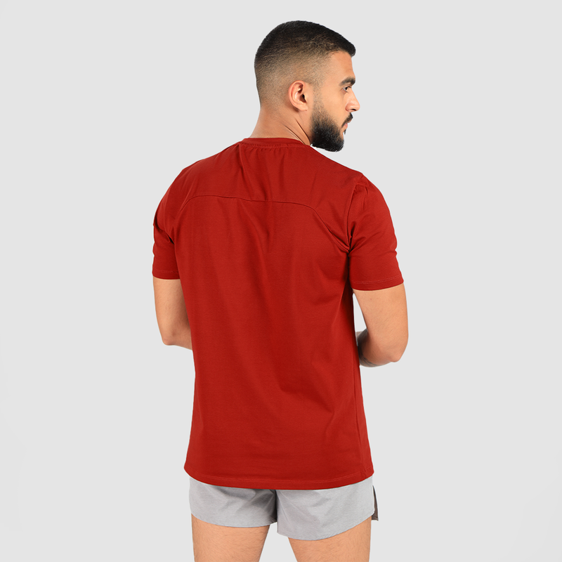 a back view for t-shirt tomato  dark red with short grey 