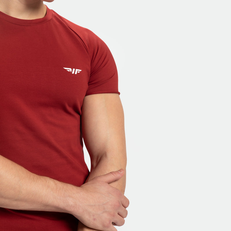 close up view for t-shirt tomato dark red with logo 