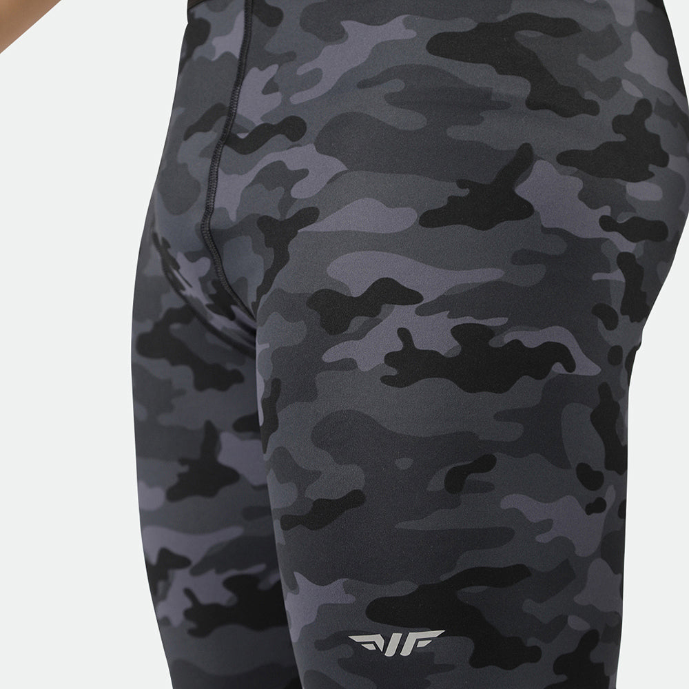 close up view for short grey toned camo with logo 