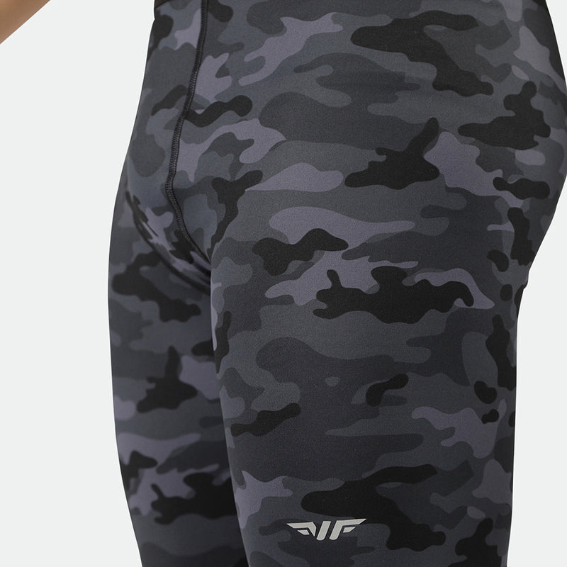 close up view for short grey toned camo with logo 