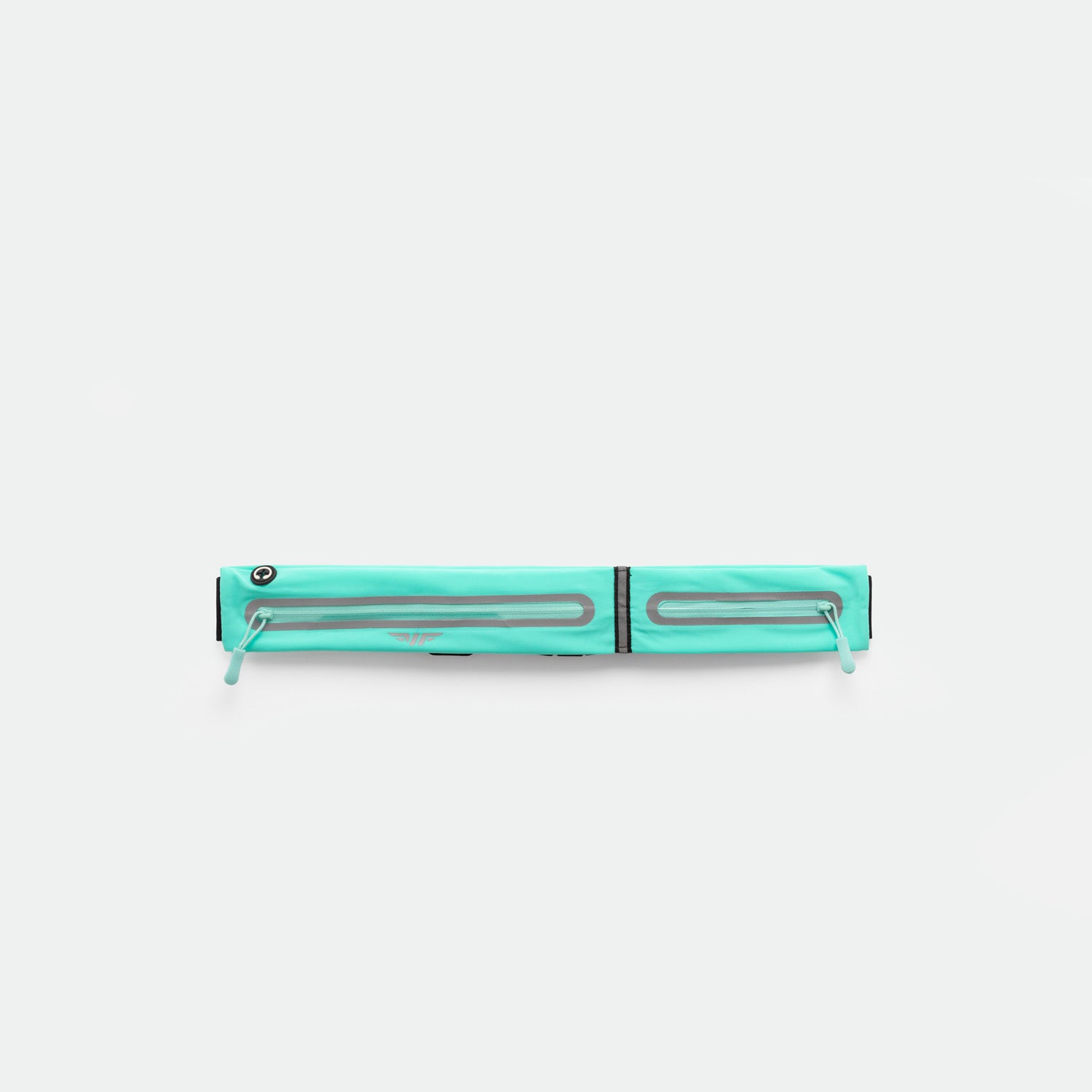 A TURQUOISE-BLUE, rectangular zippered pouch with two parallel reflective strips and zipper pulls, displayed against a plain white background