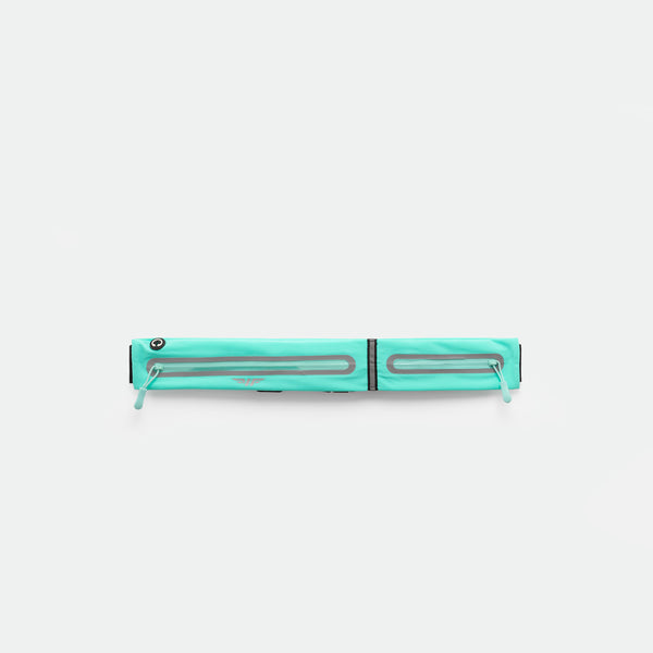 A TURQUOISE-BLUE, rectangular zippered pouch with two parallel reflective strips and zipper pulls, displayed against a plain white background