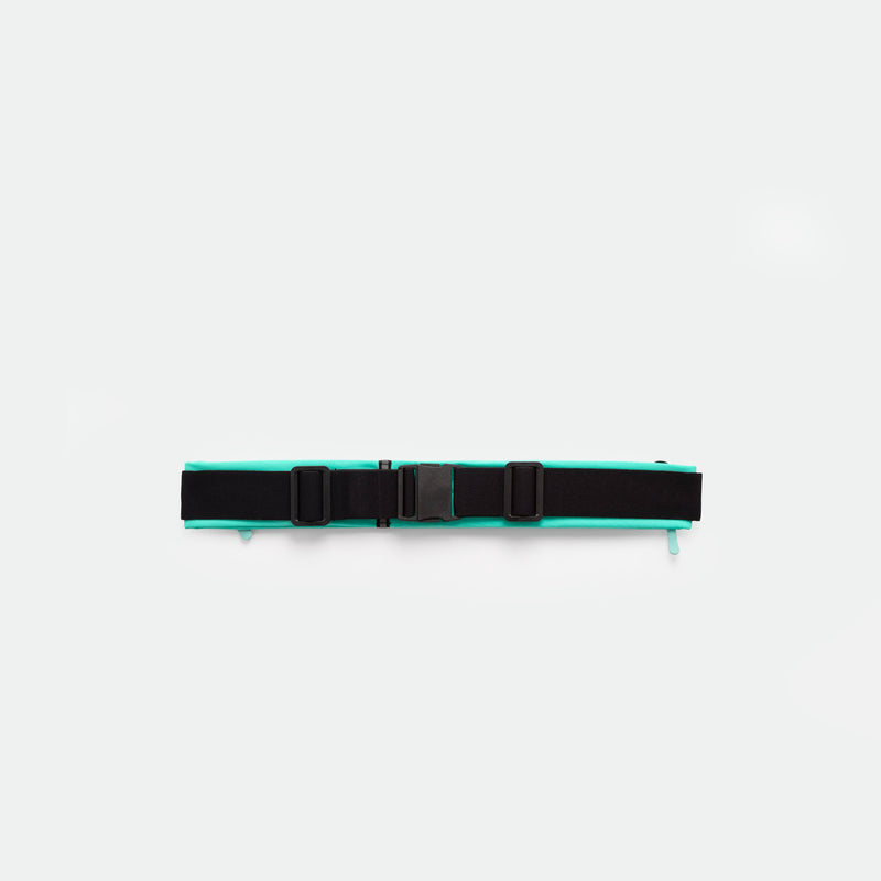 A TURQUOISE-BLUE utility belt with an adjustable buckle and two side straps, displayed on a plain white background.