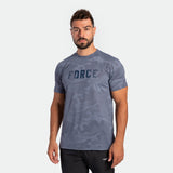 a fit man wearing camo t-shirt VINTAGE-INDIGO with pants  black 