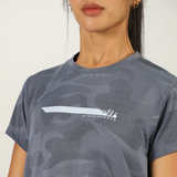 close up view for fit woman wearing t-shirt blue with logo 