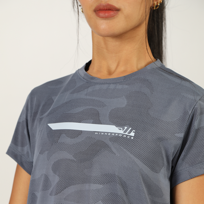 close up view for fit woman wearing t-shirt blue with logo 