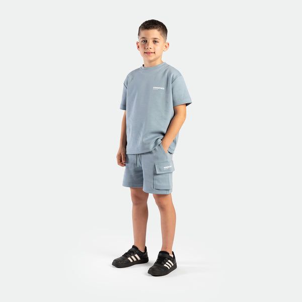 a young boy wearing matching set dusty blue ,t-shirt  with logo and short with tow pocket ,plus The shoes 