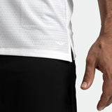 close up view for man wearing tank white with pants black