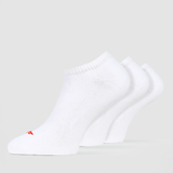 Three pairs of white cushioned men's socks with a contrasting red logo on the front, displayed against a white background.