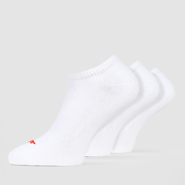 Three pairs of white cushioned men's socks with a contrasting red logo on the front, displayed against a white background.
