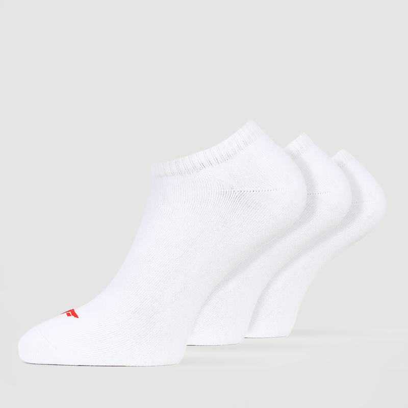 Three pairs of white cushioned men's socks with a contrasting red logo on the front, displayed against a white background.