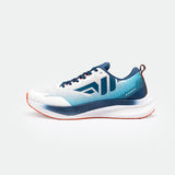 A stylish running shoe with a white and blue gradient design on the upper and sole, featuring navy accents and a subtle orange sole. The shoe is sleek and modern.