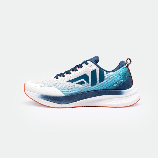 A stylish running shoe with a white and blue gradient design on the upper and sole, featuring navy accents and a subtle orange sole. The shoe is sleek and modern.