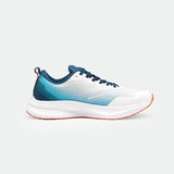 A sleek, modern running shoe with a gradient blue and white upper, dark blue accents, and an orange sole, conveying a dynamic, sporty vibe.