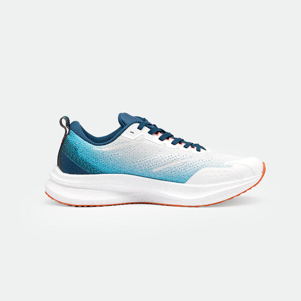 A sleek, modern running shoe with a gradient blue and white upper, dark blue accents, and an orange sole, conveying a dynamic, sporty vibe.