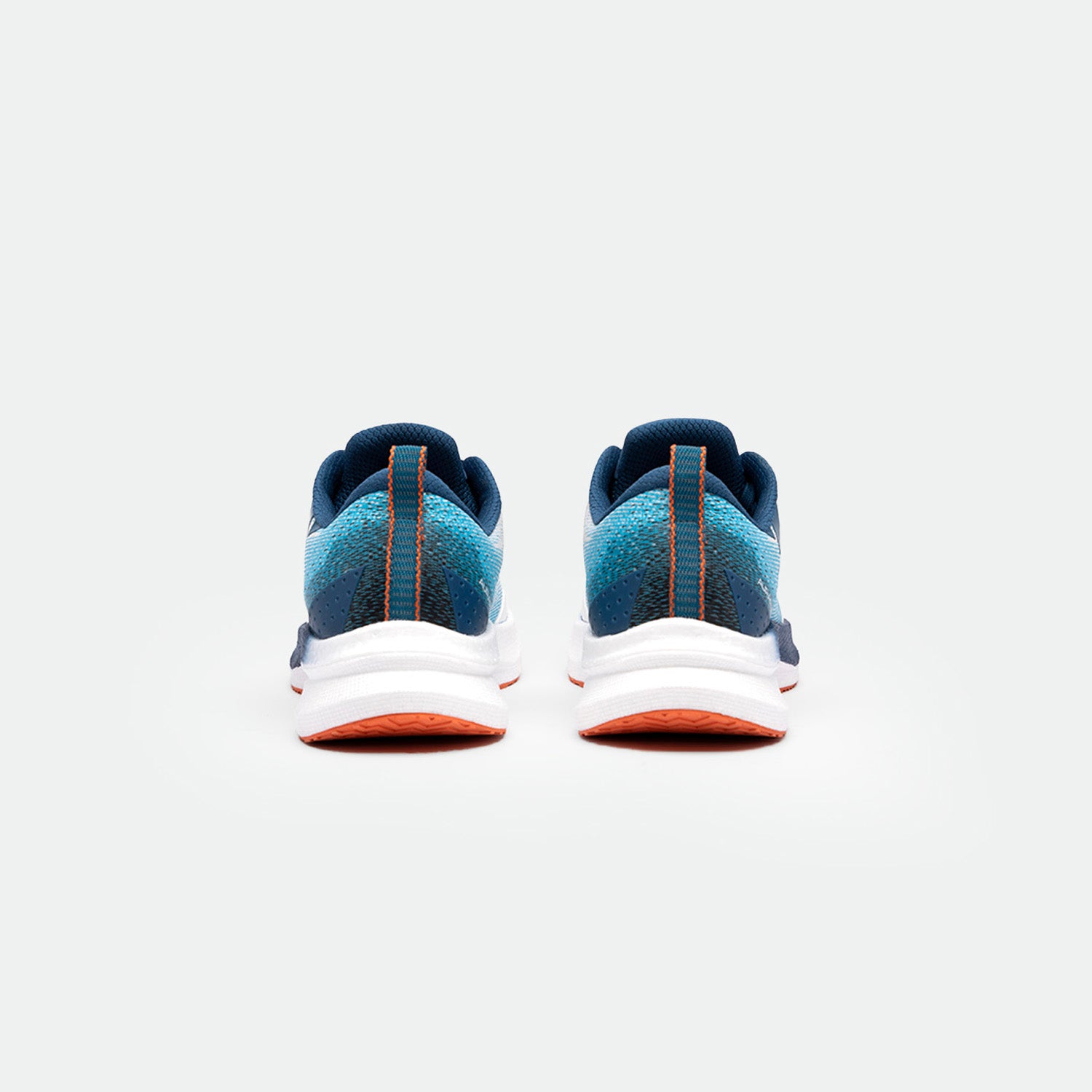 Alt text: Rear view of blue and green athletic shoes with white soles and orange accents on a white background. The design appears sleek and modern.