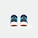 Alt text: Rear view of blue and green athletic shoes with white soles and orange accents on a white background. The design appears sleek and modern.