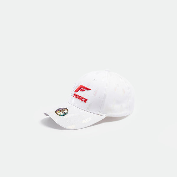white cap with "WINNER FORCE" logo, shiny splatter pattern, and a holographic sticker on the brim, giving it a stylish, original look.