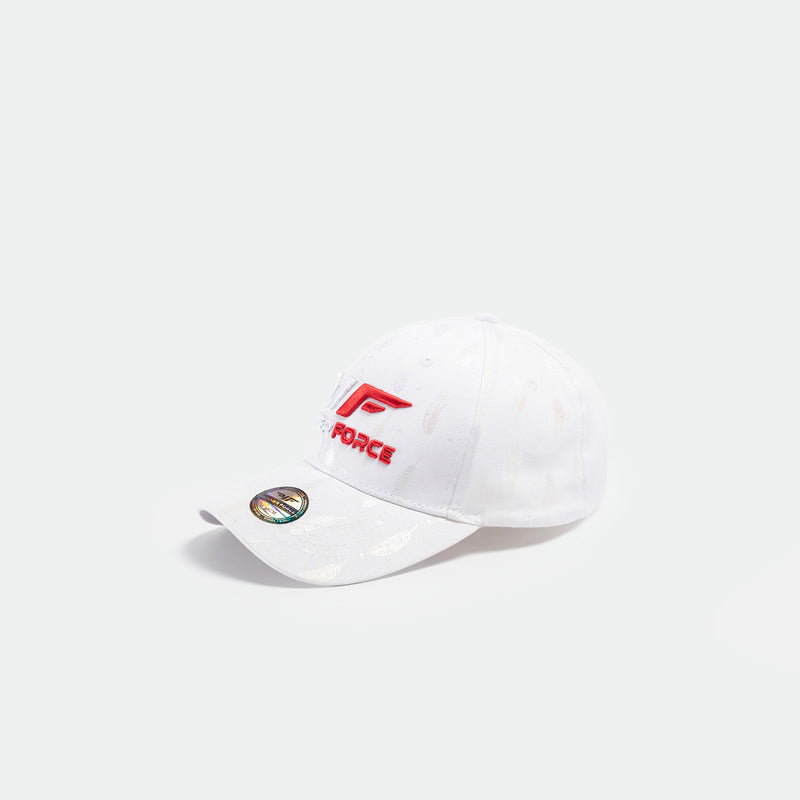 white cap with "WINNER FORCE" logo, shiny splatter pattern, and a holographic sticker on the brim, giving it a stylish, original look.