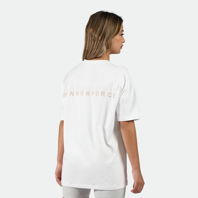 a back view for fit woman wearing white t-shirt with logo and short grey 
