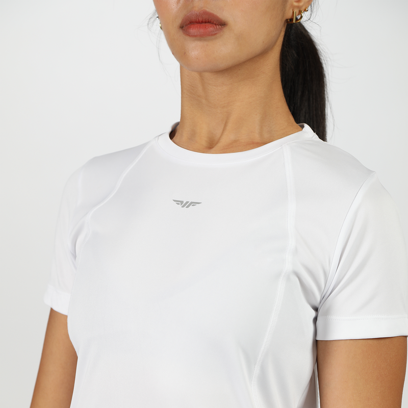 close up view for woman wearing white t-shirt 