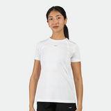 a fit woman  look at the camera and she wearing t-shirt white with logo, short black with logo ,plus the background is light grey 