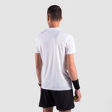 a back view for fit  man wearing t-shirt white  with short black 