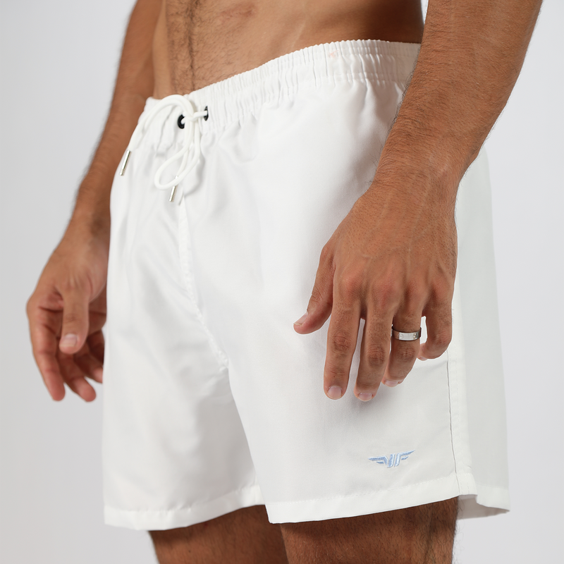 close up view for man wearing short white with logo 